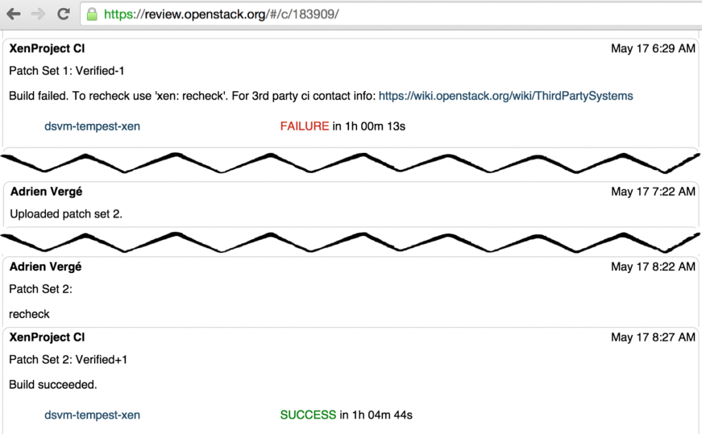 This diagram shows how the functional tests for the Xen Project initially failed, and passed after a new patch was uploaded.